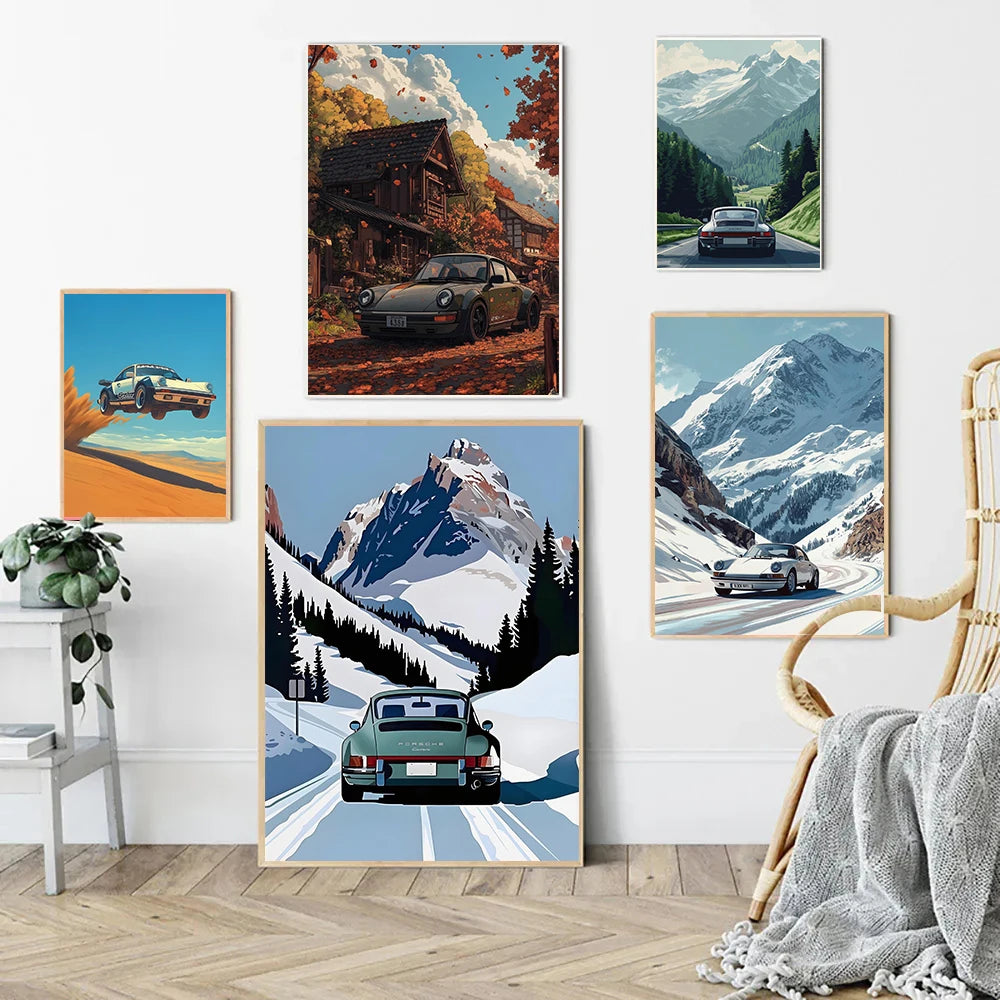 Porsche 911 Alpine Drive Poster Retro Alpine Trip Cartoon Prints Canvas
