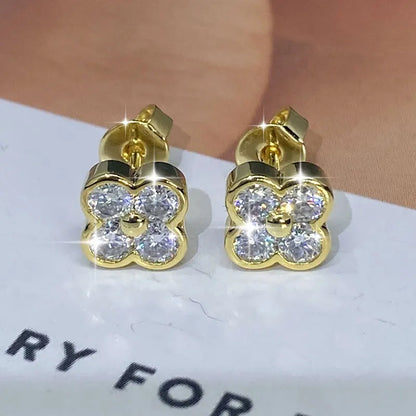 Lnngy Certified Moissanite Flower Earring With Certificate For Women Korean INS Four Leaf Flowers Stud Earrings Daily Jewelry