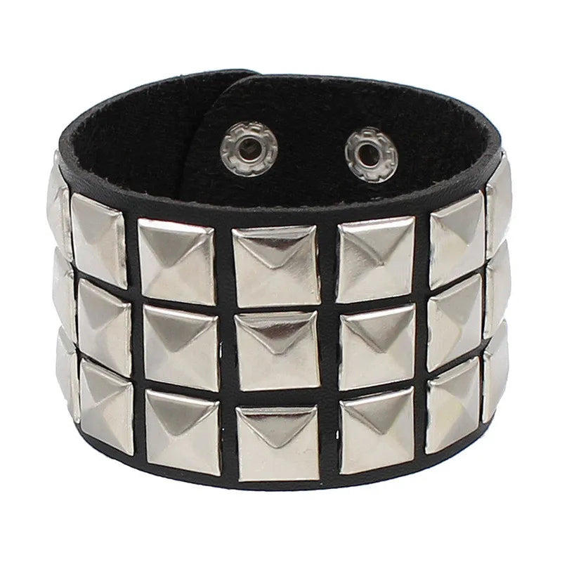 Punk Bracelet for Men Women Goth Black Leather Wristband with Metal Spike Studded Spike Rivets Cuff Bangle Adjustable