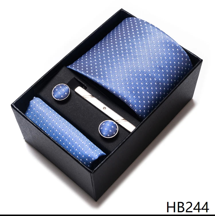 100% Silk Brand Tie Handkerchief Cufflink Set For Men Necktie Holiday Gift Box Blue Gold Suit Accessories Slim Wedding Gravatas