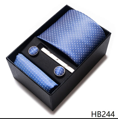 100% Silk Brand Tie Handkerchief Cufflink Set For Men Necktie Holiday Gift Box Blue Gold Suit Accessories Slim Wedding Gravatas
