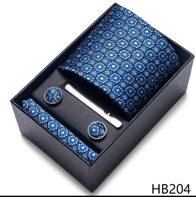 100% Silk Brand Tie Handkerchief Cufflink Set For Men Necktie Holiday Gift Box Blue Gold Suit Accessories Slim Wedding Gravatas