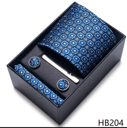 100% Silk Brand Tie Handkerchief Cufflink Set For Men Necktie Holiday Gift Box Blue Gold Suit Accessories Slim Wedding Gravatas