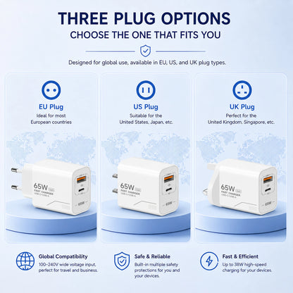65W USB C Charger 2-Port Phone Charger For iPhone Samsung Xiaomi Type C EU/US Plug Wall Charger