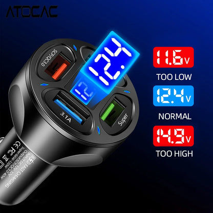 Car Lighter Adapter 66W Fast Charging PD Type C 3.0 USB Ports LED