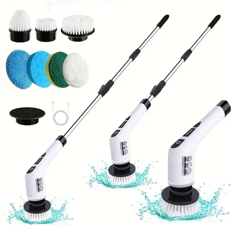 Brush Rotating Scrubber 7 Brush Heads Adjustable Extension Handle Bathroom Cleaning Brush