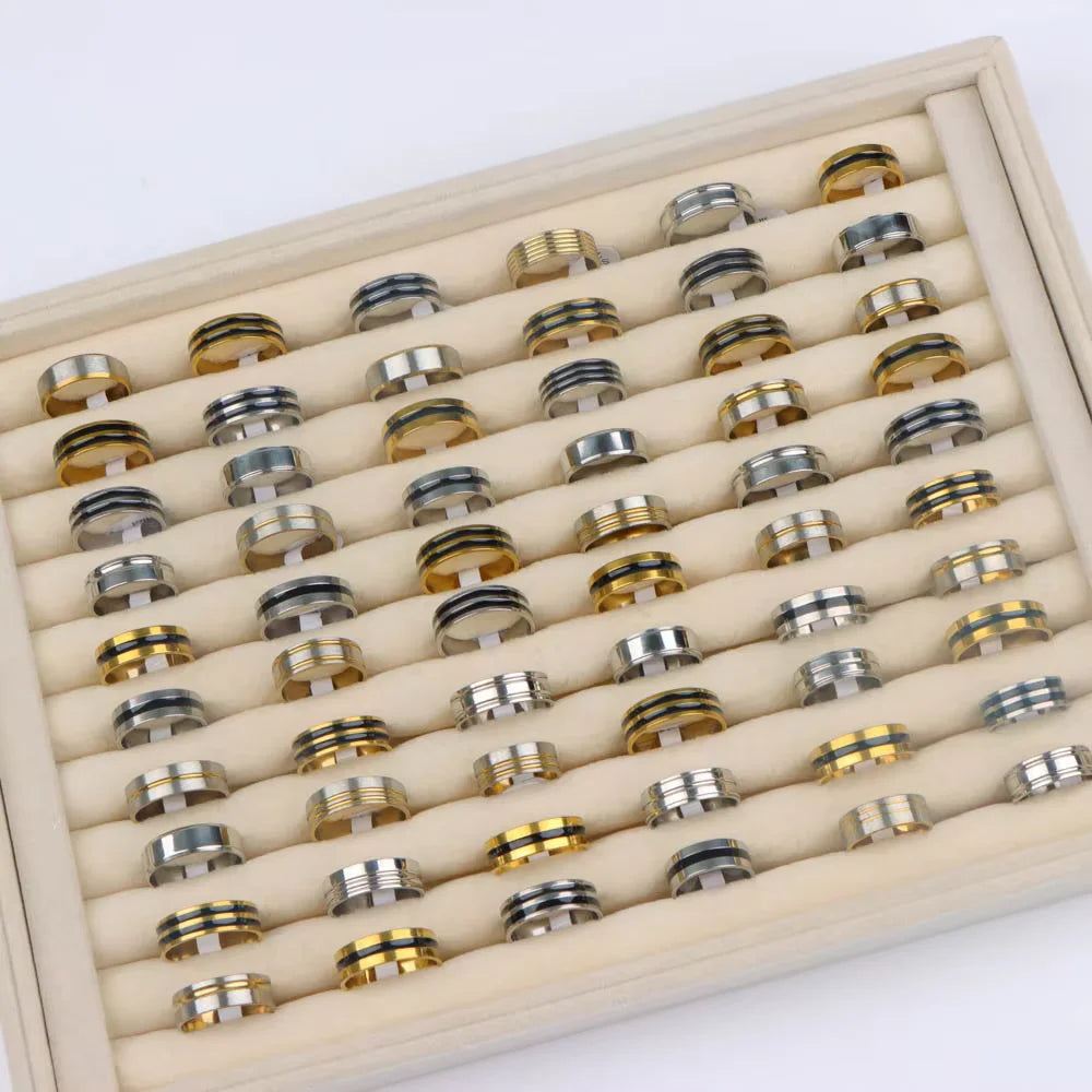 10/20/30/50Pcs/lot Retro Stainless Steel Men Women Rings With Fashion Trendy Line Design Mixed Style Daily Party Jewelry Gifts