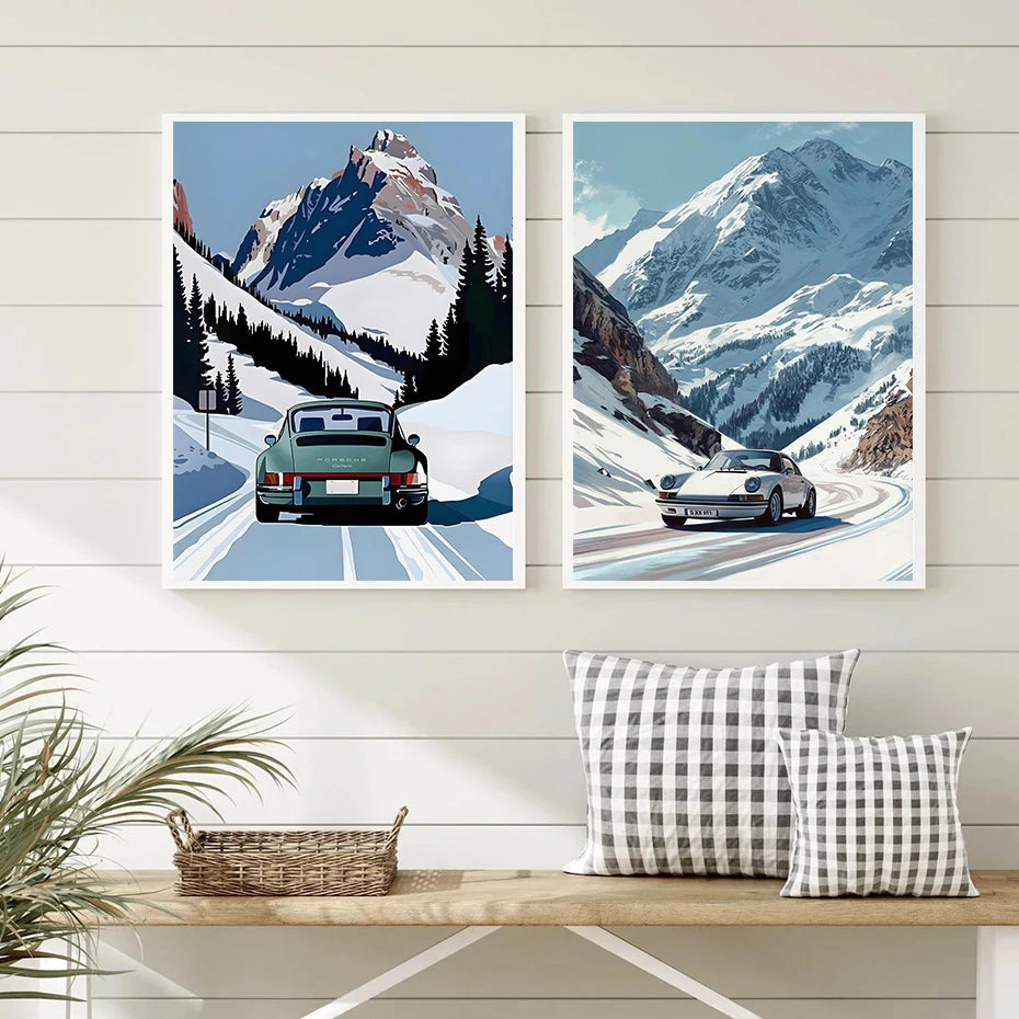 Porsche 911 Alpine Drive Poster Retro Alpine Trip Cartoon Prints Canvas