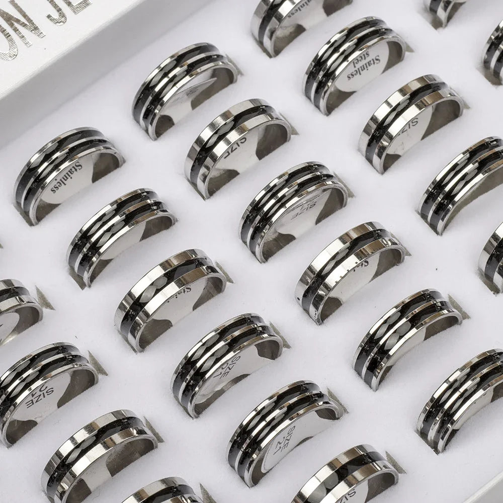 10/20/30/50Pcs/lot Retro Stainless Steel Men Women Rings With Fashion Trendy Line Design Mixed Style Daily Party Jewelry Gifts