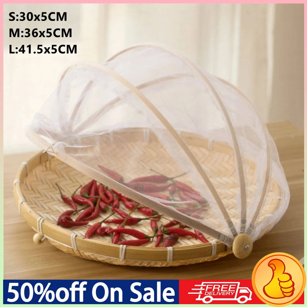 Handmade Bamboo Basket With Net Mesh Cover Kithen Bread Fruit Vegetable Food Container Outdoor Travel Picnic Dust Proof Basket
