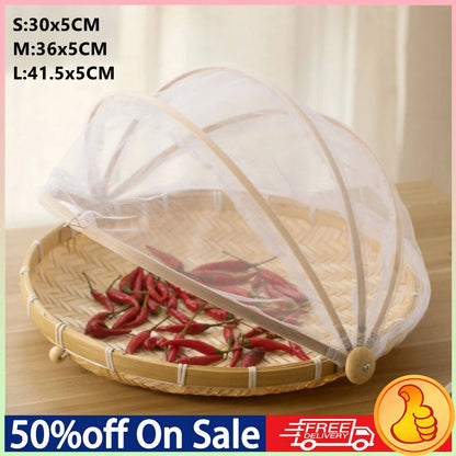 Handmade Bamboo Basket With Net Mesh Cover Kithen Bread Fruit Vegetable Food Container Outdoor Travel Picnic Dust Proof Basket