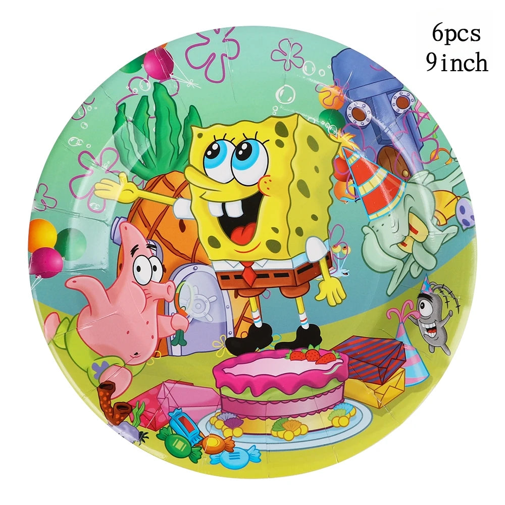 Cartoon SpongeBob Theme Birthday Party Balloon Disposable Tableware Mask Flag Candy Box Backpack Baby Shower party supplies