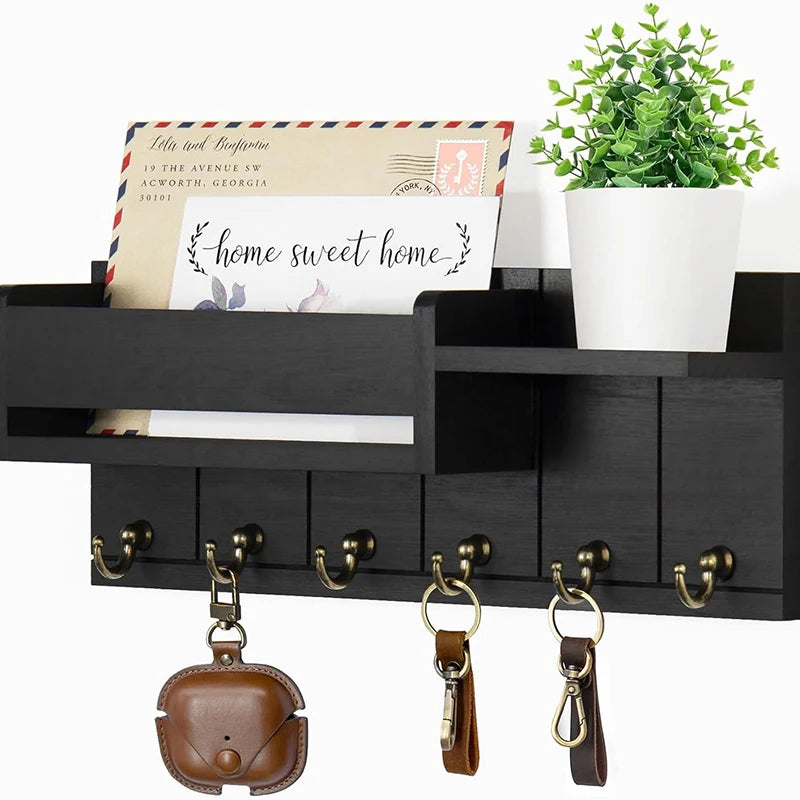 Decorative Key Rack Wall Mounted Wood Key Rack And Mail Organizer With 6 Key Hooks Convenient Living Room Enterway Storage Rack