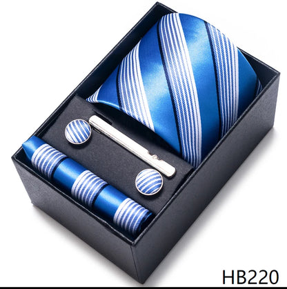 100% Silk Brand Tie Handkerchief Cufflink Set For Men Necktie Holiday Gift Box Blue Gold Suit Accessories Slim Wedding Gravatas