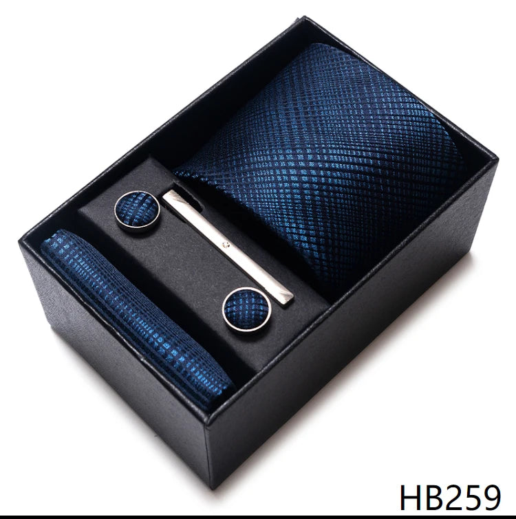 100% Silk Brand Tie Handkerchief Cufflink Set For Men Necktie Holiday Gift Box Blue Gold Suit Accessories Slim Wedding Gravatas