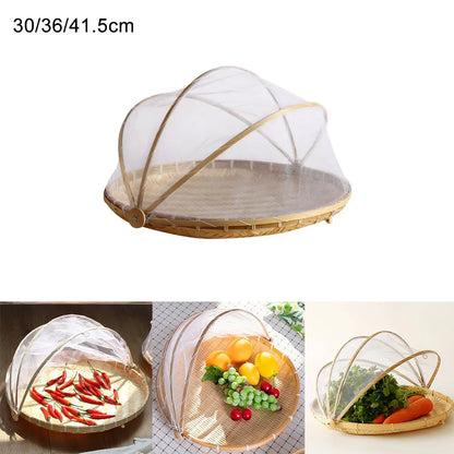 Handmade Bamboo Basket With Net Mesh Cover Kithen Bread Fruit Vegetable Food Container Outdoor Travel Picnic Dust Proof Basket