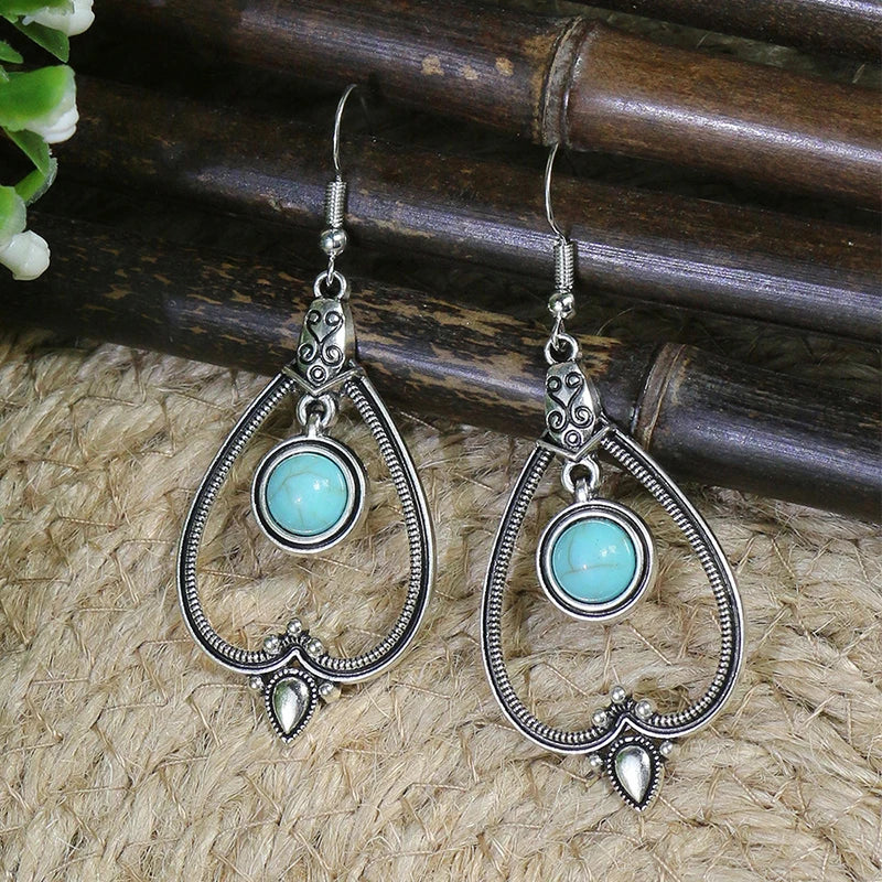 53 Styles Bohemian Vintage Tibetan Silver Geometric Drop Earrings For Women Ethnic Blue Stone Tassel Dangle Earrings Jewelry