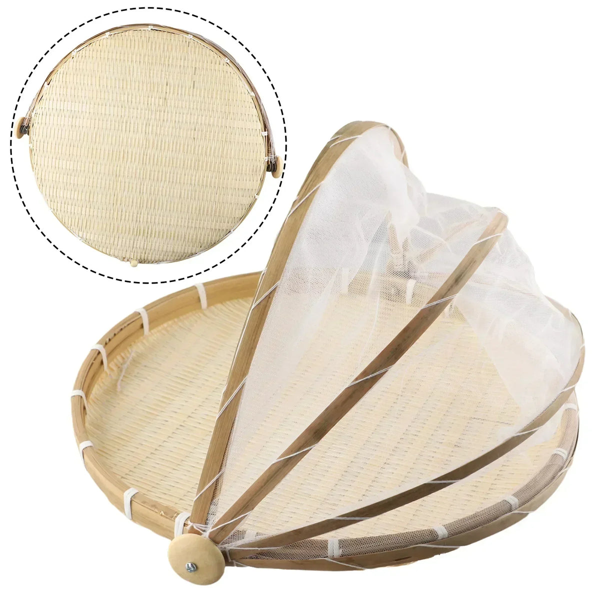 Handmade Bamboo Basket With Net Mesh Cover Kithen Bread Fruit Vegetable Food Container Outdoor Travel Picnic Dust Proof Basket
