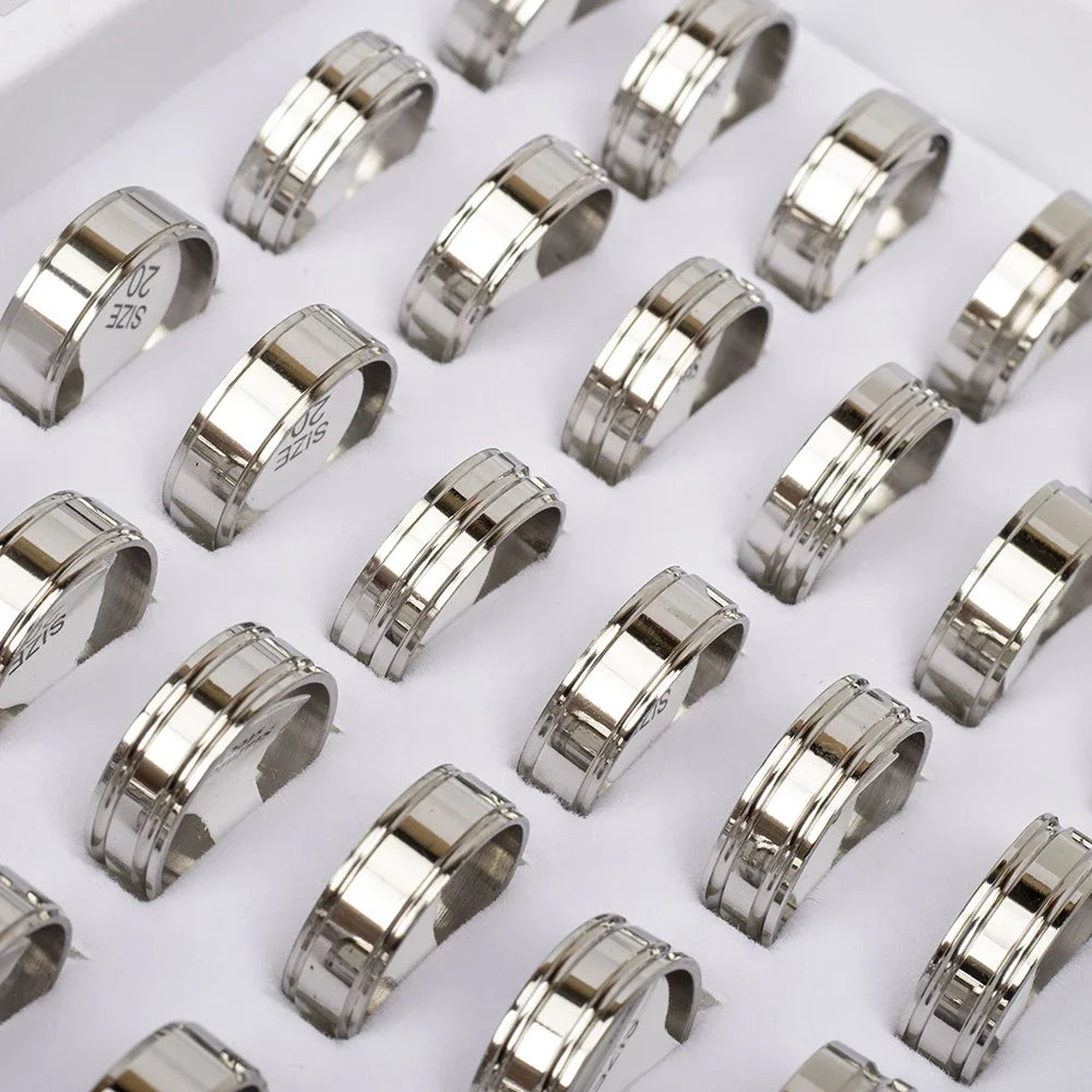 10/20/30/50Pcs/lot Retro Stainless Steel Men Women Rings With Fashion Trendy Line Design Mixed Style Daily Party Jewelry Gifts