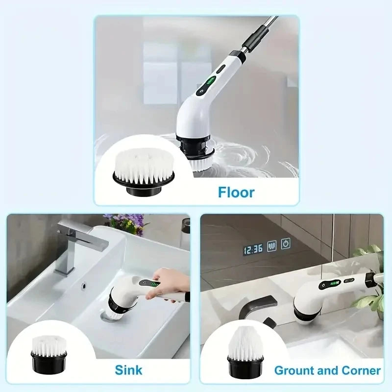 Brush Rotating Scrubber 7 Brush Heads Adjustable Extension Handle Bathroom Cleaning Brush