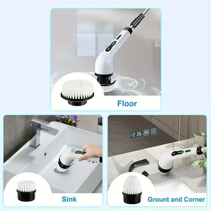 Brush Rotating Scrubber 7 Brush Heads Adjustable Extension Handle Bathroom Cleaning Brush