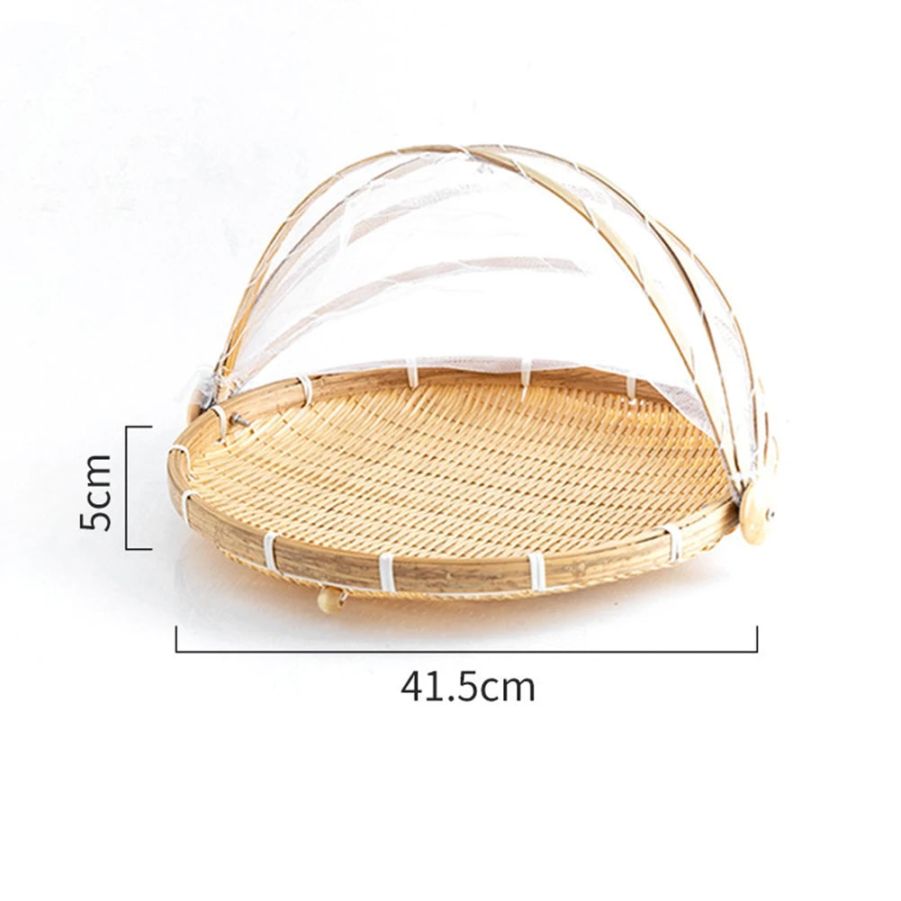 Handmade Bamboo Basket With Net Mesh Cover Kithen Bread Fruit Vegetable Food Container Outdoor Travel Picnic Dust Proof Basket