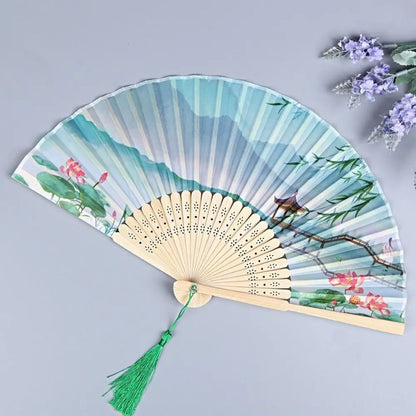 Retro Flower Pattern Home Decoration Elegent Bamboo Folding Fan Chinese Style Painting Handheld Fan Dance Performance Props