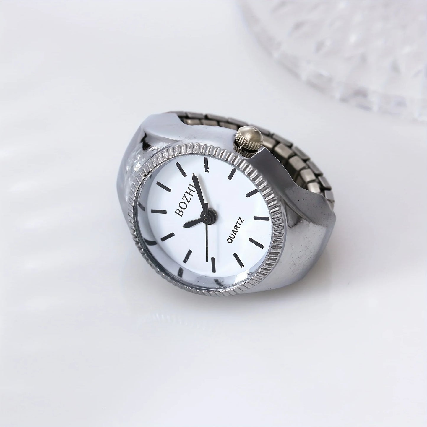 1PC Jewelry Finger Watch Stretchy Elastic Band Round Simple Dial Quartz Ring Watches for Daily and Office