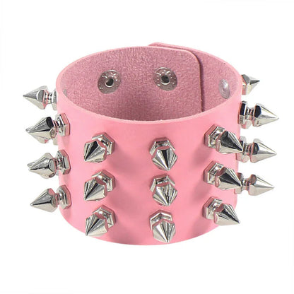 Punk Bracelet for Men Women Goth Black Leather Wristband with Metal Spike Studded Spike Rivets Cuff Bangle Adjustable