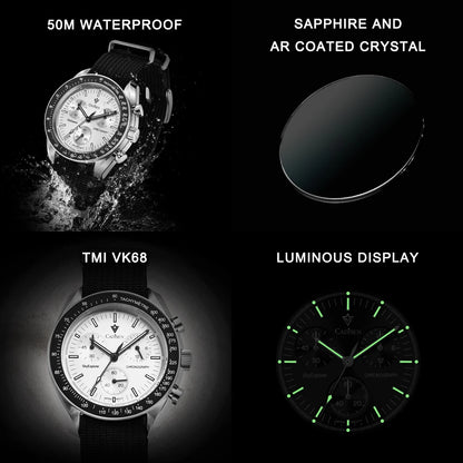 Men Watches Quartz Sapphire AR Coated Crystal Canvas VK68 Chronograph