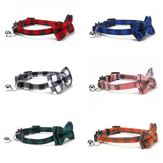 Pet Breakaway Cat Collar Bow Tie and Bell Cute Plaid Christmas Red Elastic Adjustable Dog Collar