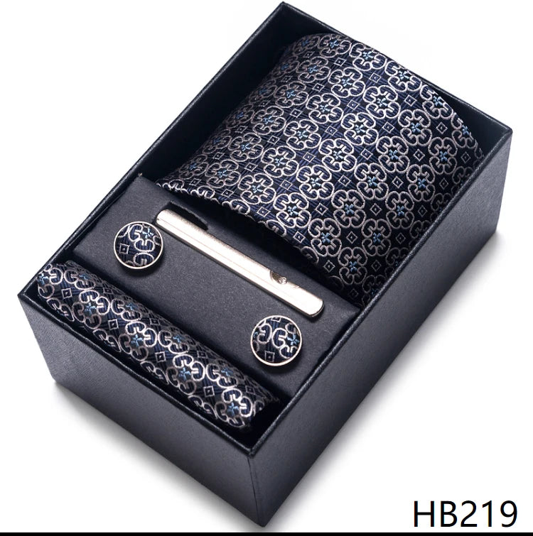 100% Silk Brand Tie Handkerchief Cufflink Set For Men Necktie Holiday Gift Box Blue Gold Suit Accessories Slim Wedding Gravatas