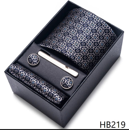 100% Silk Brand Tie Handkerchief Cufflink Set For Men Necktie Holiday Gift Box Blue Gold Suit Accessories Slim Wedding Gravatas