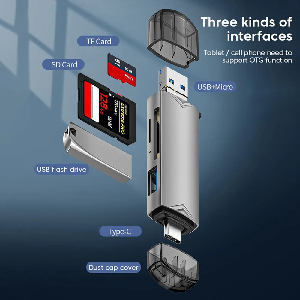 Type SD Card Reader 6 in 1 USB 3.0 Micro USB Flash Drive Adapter 5Gbps High Speed Transfer Card Data Reader