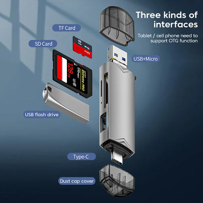Type SD Card Reader 6 in 1 USB 3.0 Micro USB Flash Drive Adapter 5Gbps High Speed Transfer Card Data Reader