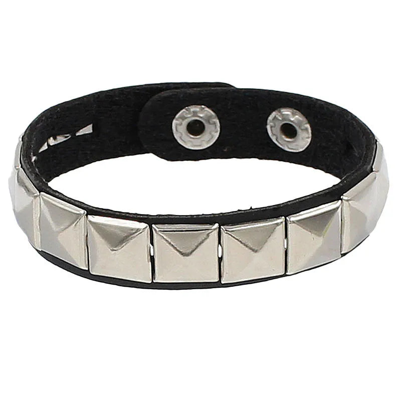 Punk Bracelet for Men Women Goth Black Leather Wristband with Metal Spike Studded Spike Rivets Cuff Bangle Adjustable