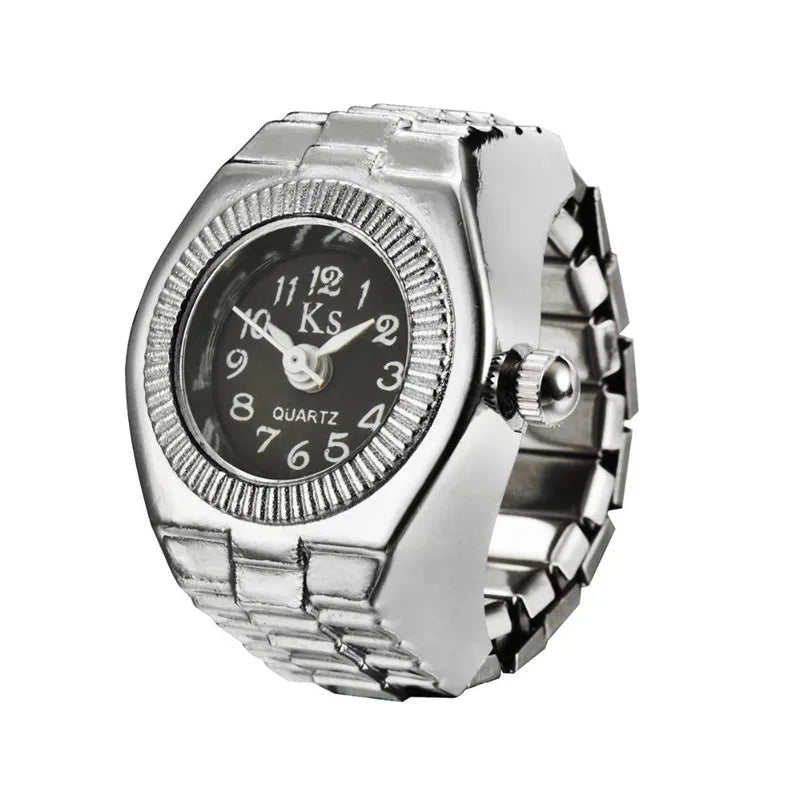 Jewelry Finger Watch for Women Stretchy Elastic Band Round Simple Dial Quartz Ring Watches for Daily & Office