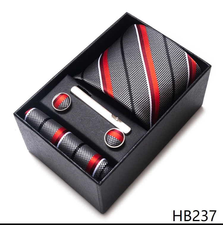100% Silk Brand Tie Handkerchief Cufflink Set For Men Necktie Holiday Gift Box Blue Gold Suit Accessories Slim Wedding Gravatas