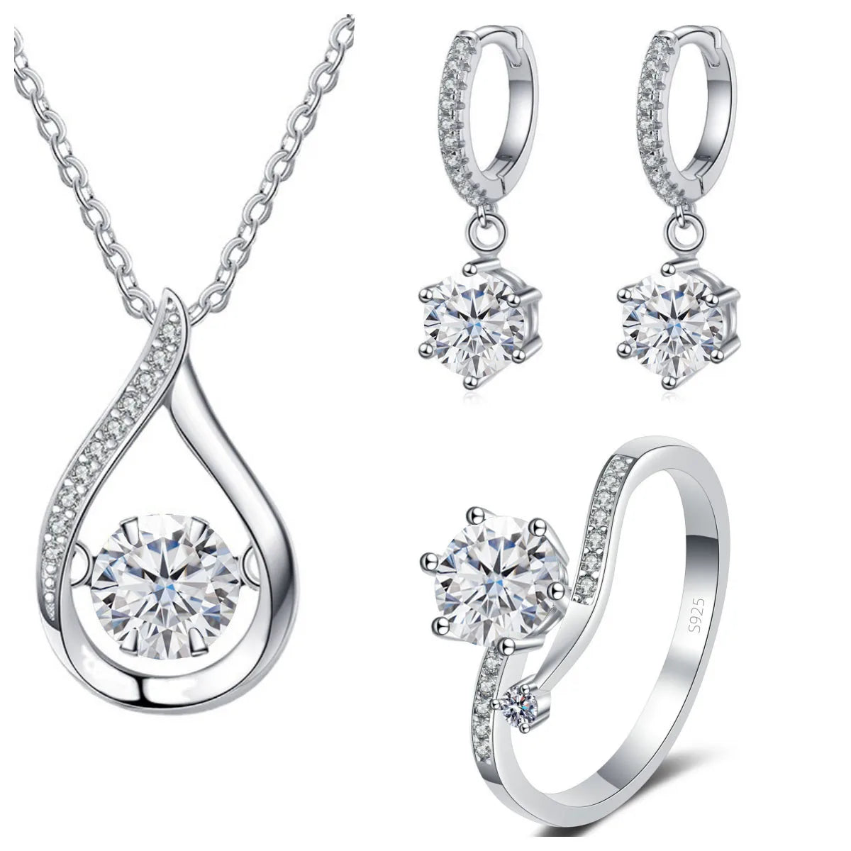 Sterling Silver Moissanite Jewelry Set Pendant Necklace Ring Gift
