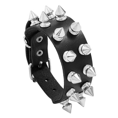 Punk Bracelet for Men Women Goth Black Leather Wristband with Metal Spike Studded Spike Rivets Cuff Bangle Adjustable
