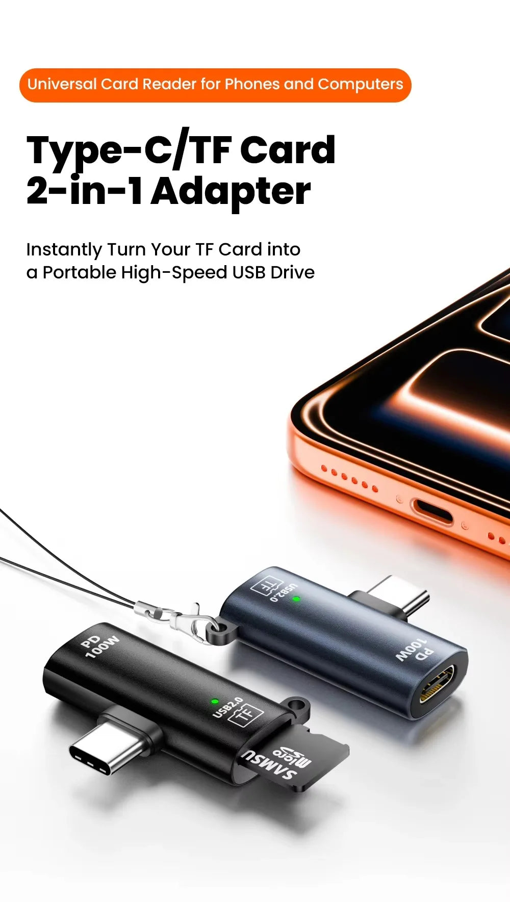 TF Card to Type-C Reader 2 Options Support 2TB & Charging 3.0 100W Fast Charging for iPhone 15/16 PC