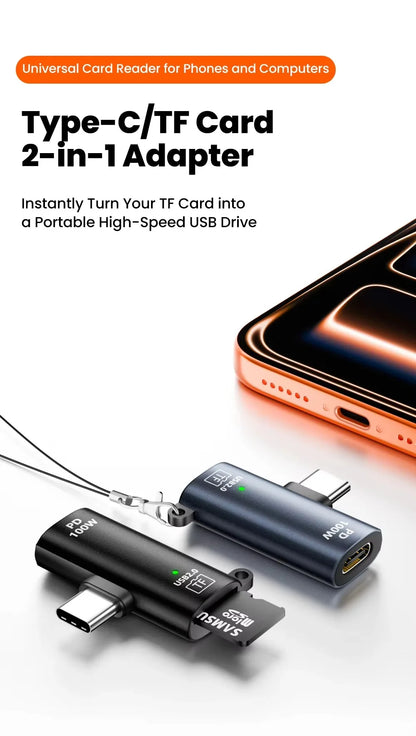TF Card to Type-C Reader 2 Options Support 2TB & Charging 3.0 100W Fast Charging for iPhone 15/16 PC