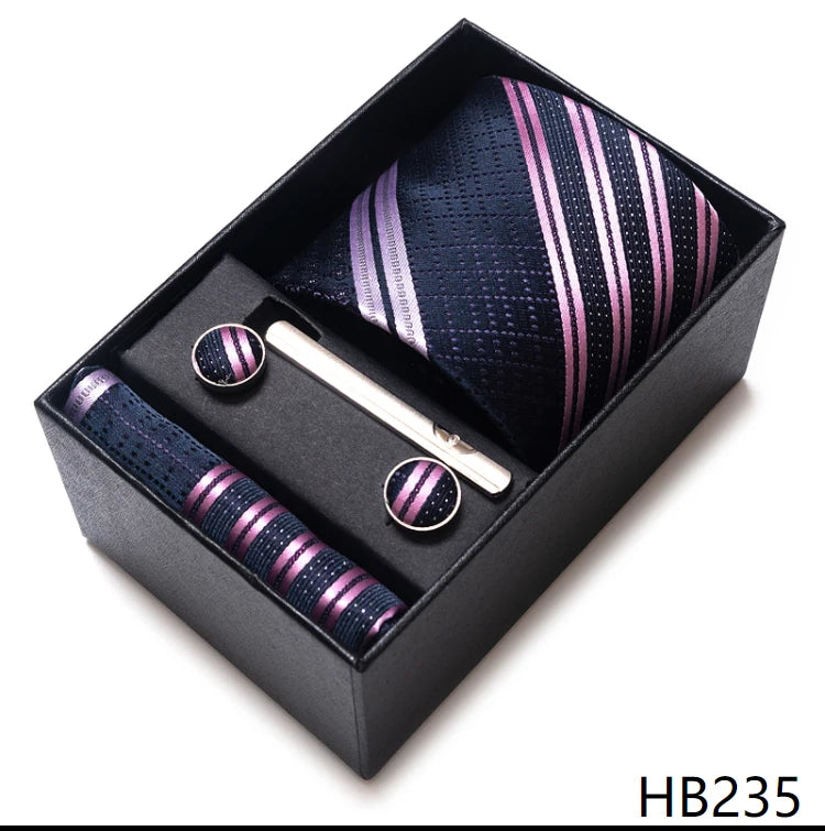 100% Silk Brand Tie Handkerchief Cufflink Set For Men Necktie Holiday Gift Box Blue Gold Suit Accessories Slim Wedding Gravatas