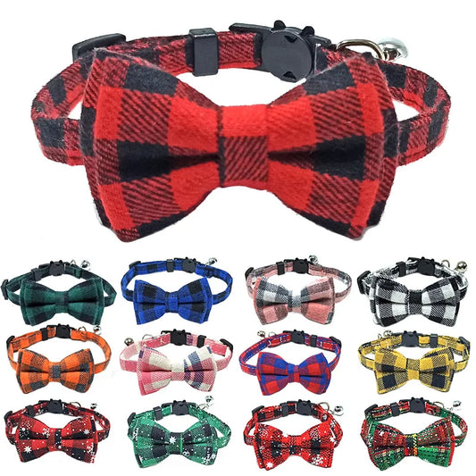 Pet Breakaway Cat Collar Bow Tie and Bell Cute Plaid Christmas Red Elastic Adjustable Dog Collar