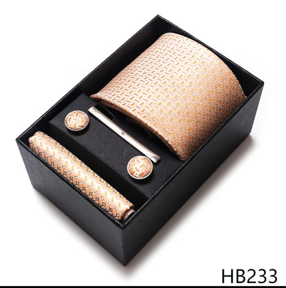 100% Silk Brand Tie Handkerchief Cufflink Set For Men Necktie Holiday Gift Box Blue Gold Suit Accessories Slim Wedding Gravatas