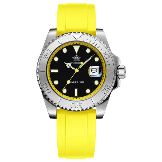 YELLOW Quartz Watch Calendar 200m Diver Silicone Men Sport Watch