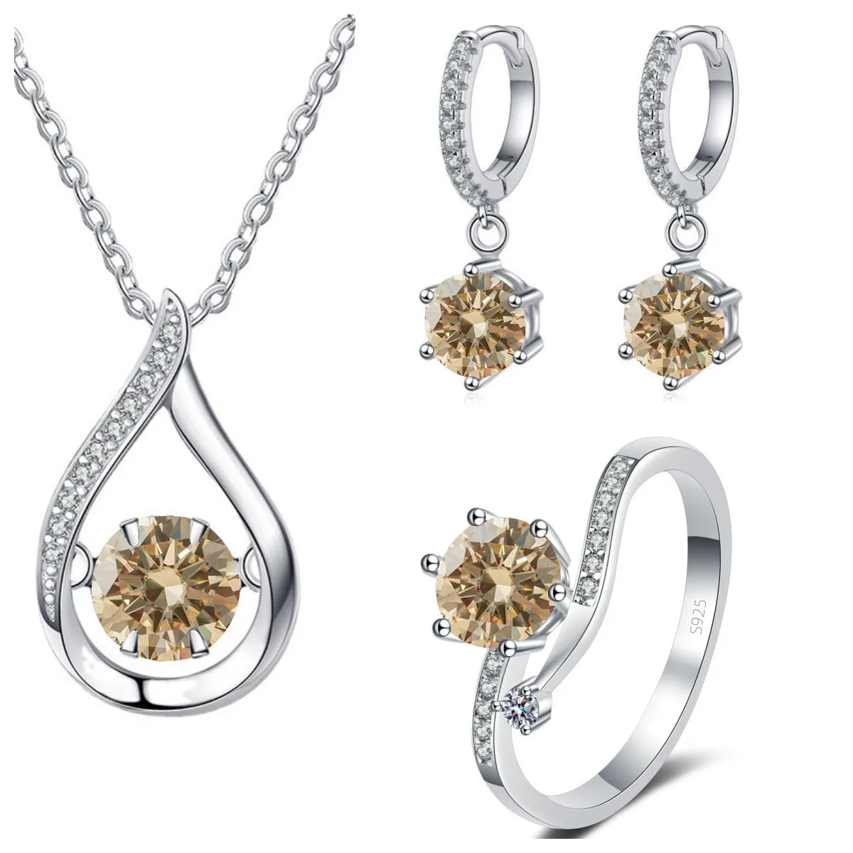 Sterling Silver Moissanite Jewelry Set Pendant Necklace Ring Gift