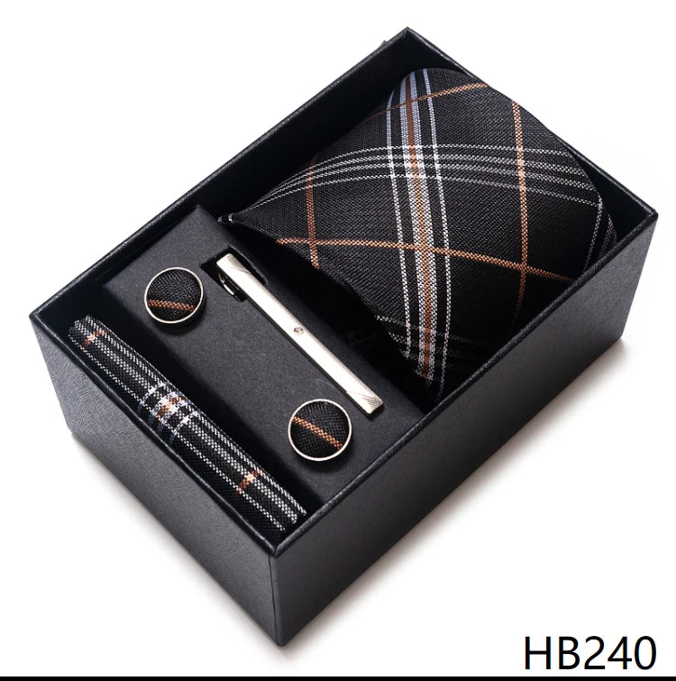 100% Silk Brand Tie Handkerchief Cufflink Set For Men Necktie Holiday Gift Box Blue Gold Suit Accessories Slim Wedding Gravatas