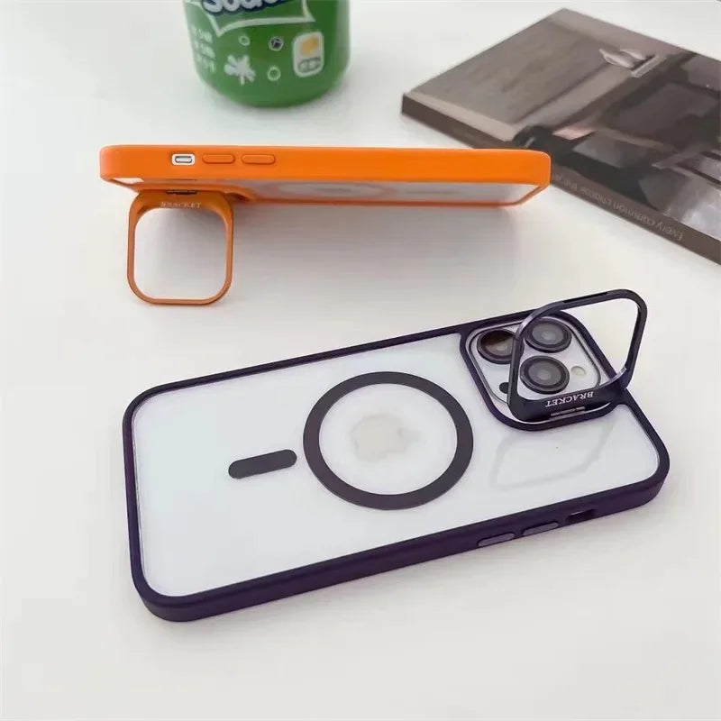 Fashion For Magsafe Stand Glass Lens Protector Case For iPhone 16 15 14 13 11 12 Pro Max 16 Plus Magnetic Shockproof Back Cover